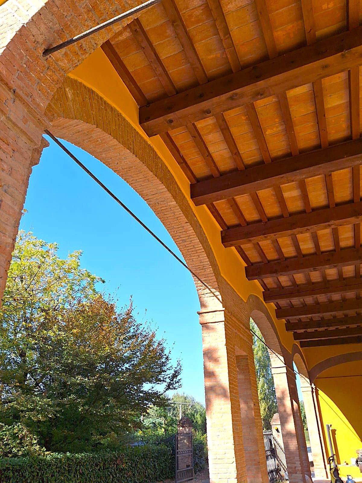 Archi e travi in ​​mattoni sotto un soffitto giallo, che incorniciano un cielo azzurro e un albero.
