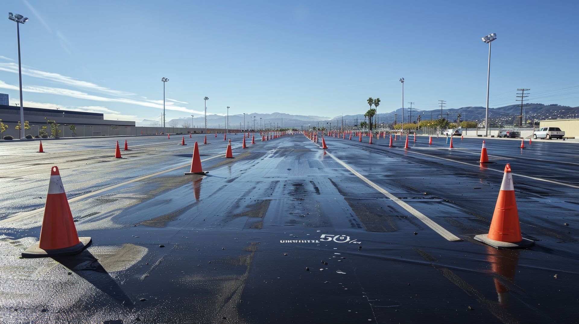 Freshly sealed commercial parking lot with traffic cones marking wet asphalt during a paving maintenance project Freshly sealed commercial parking lot with traffic cones marking wet asphalt during a paving maintenance project