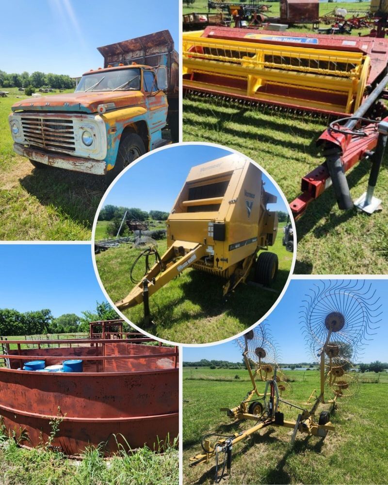 Collage of rusty farm machinery, including an old truck, baler, tanks, and metal equipment in a grassy yard