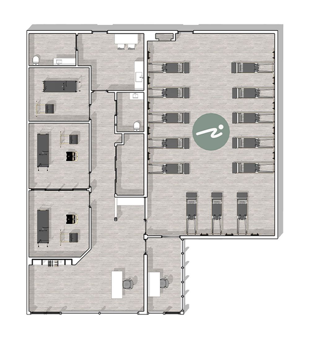 A floor plan of a building with a green circle in the middle.