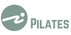 A logo for pilates with a person doing pilates in a circle.