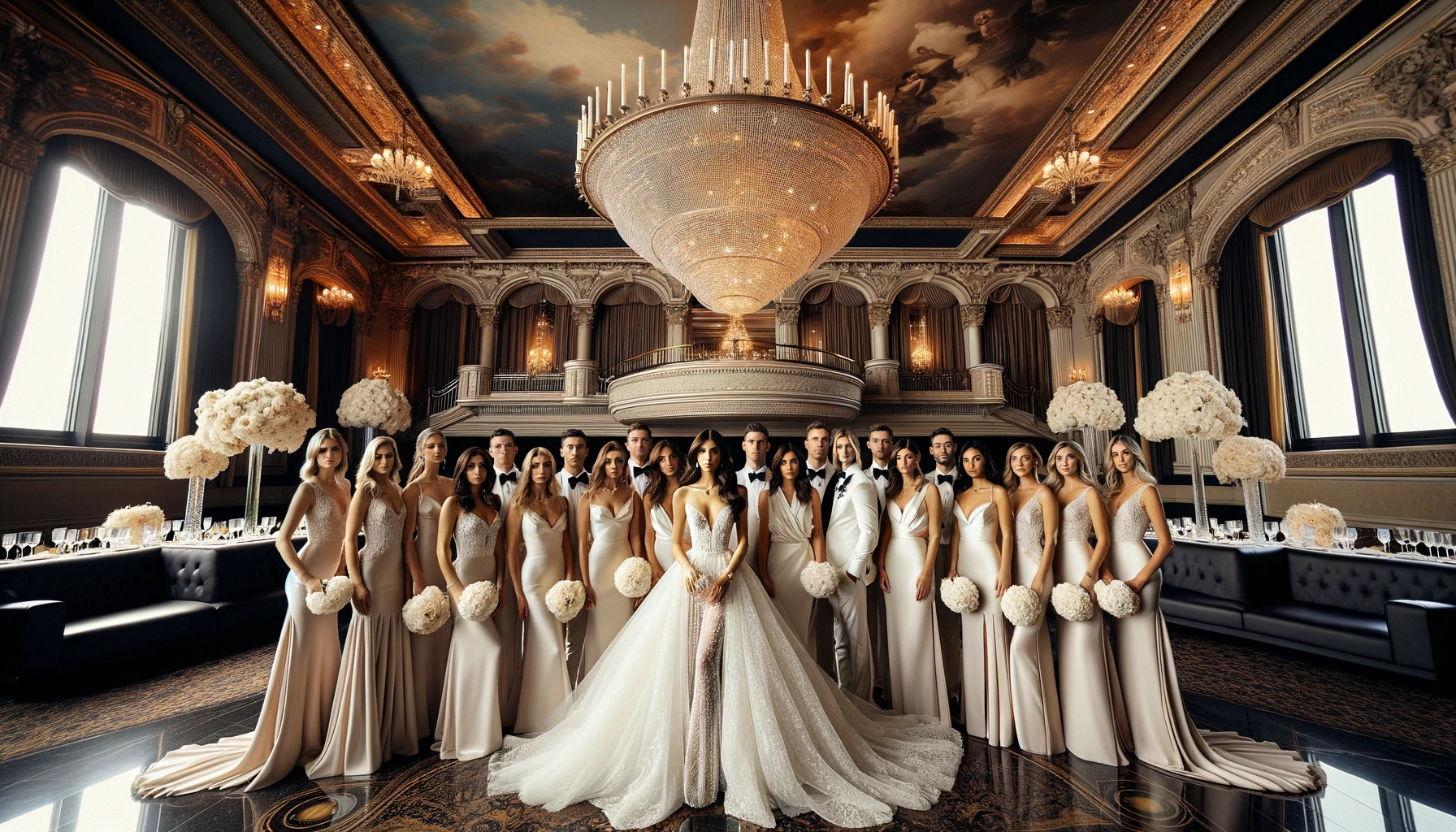 a bride and her bridesmaids are posing for a picture in front of a large chandelier .