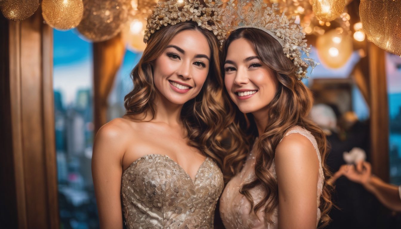 two women in gold dresses and crowns are posing for a picture .
