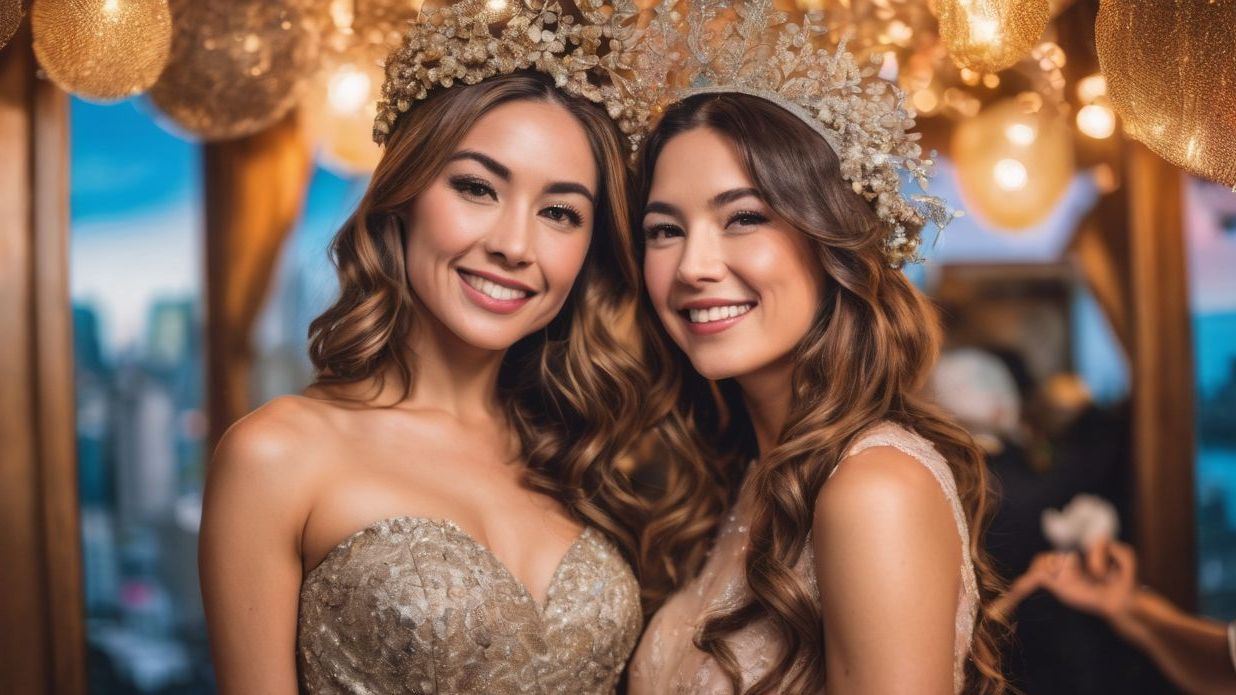 two women in gold dresses and crowns are posing for a picture .