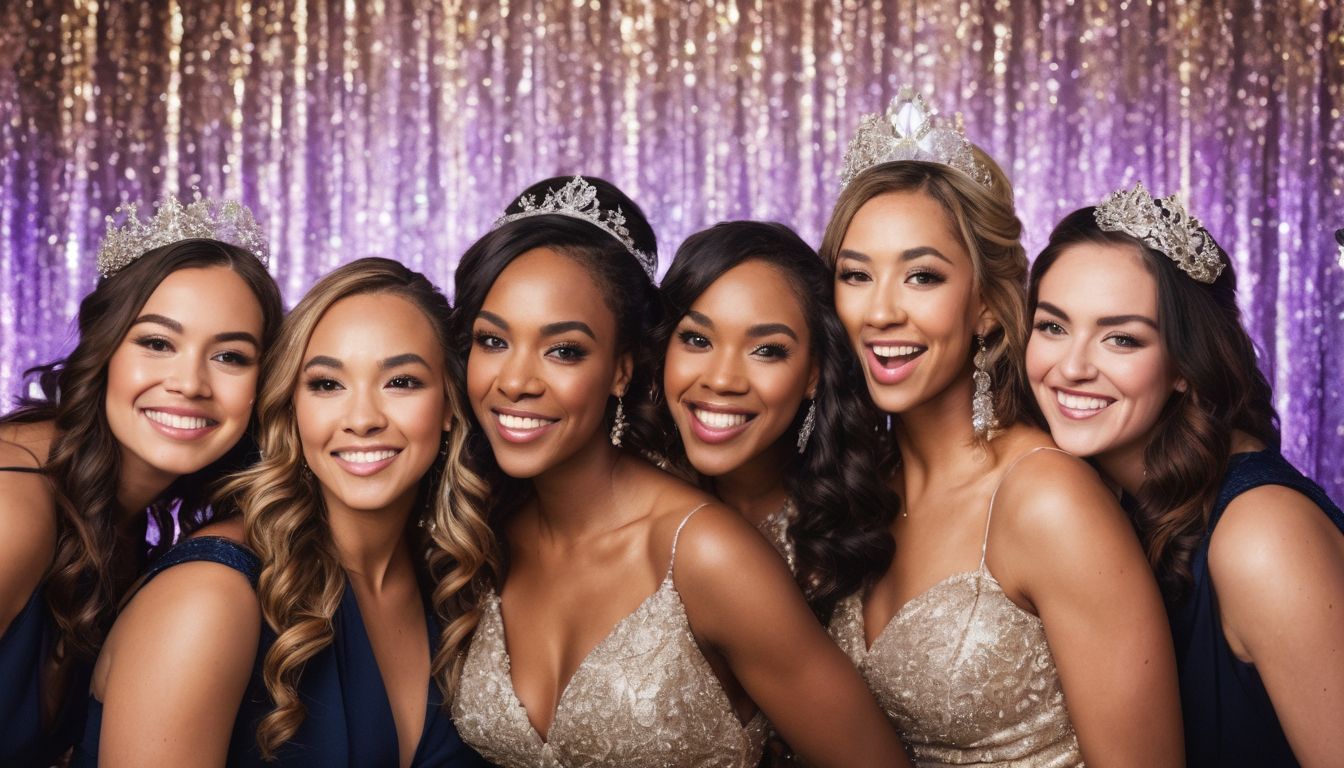 a group of women wearing tiaras are posing for a picture .