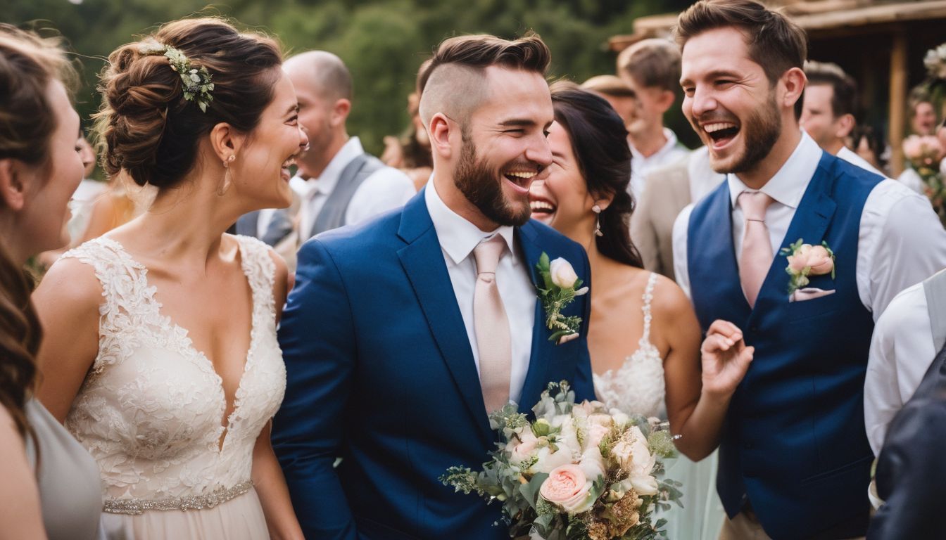 a bride and groom are laughing with their wedding party