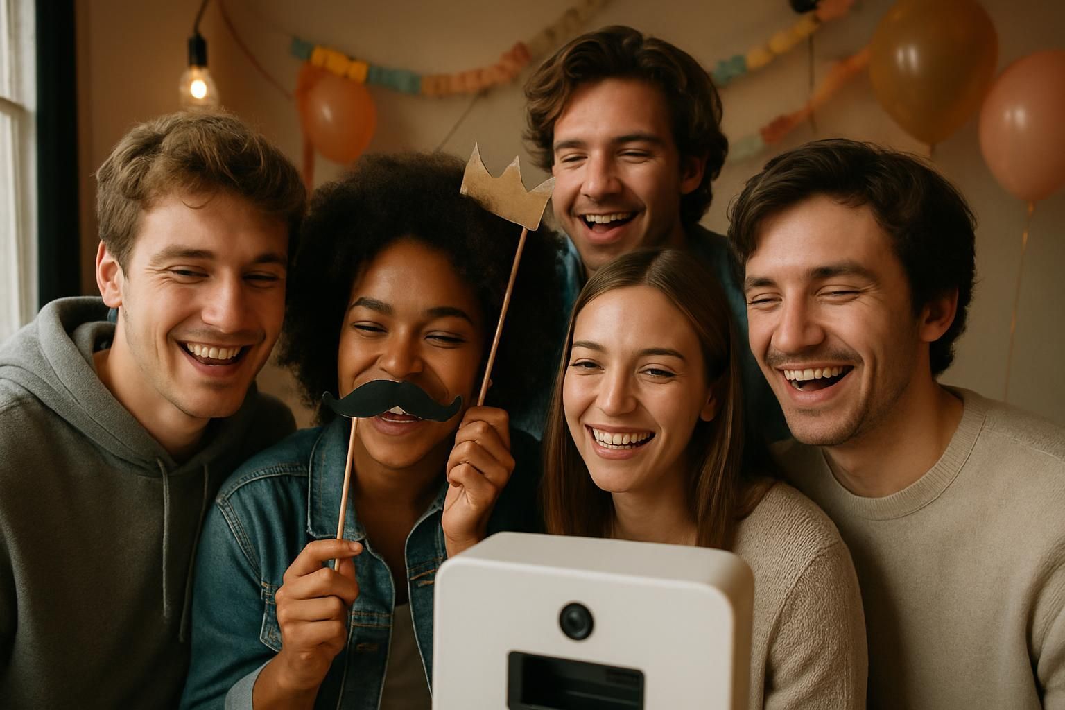 Five smiling people pose for a photo booth. One holds a mustache prop. Festive party decorations in background.