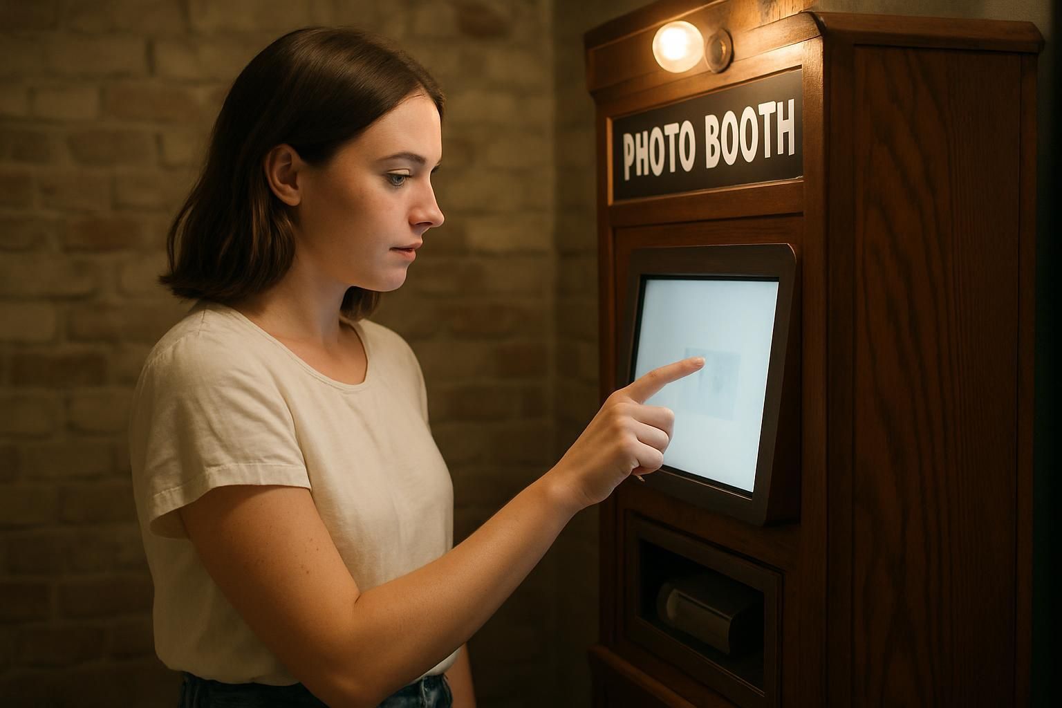 Woman using a photo booth touchscreen. She is in a room with a brick wall, pointing at the screen.