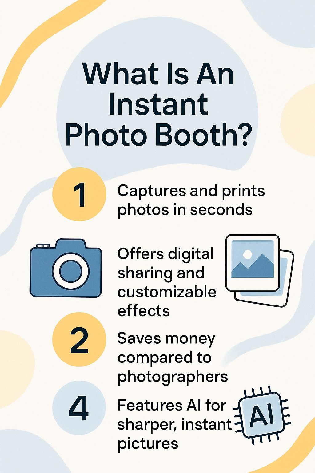 Infographic: Instant photo booth features. Captures and prints photos, offers digital sharing, saves money, and uses AI.
