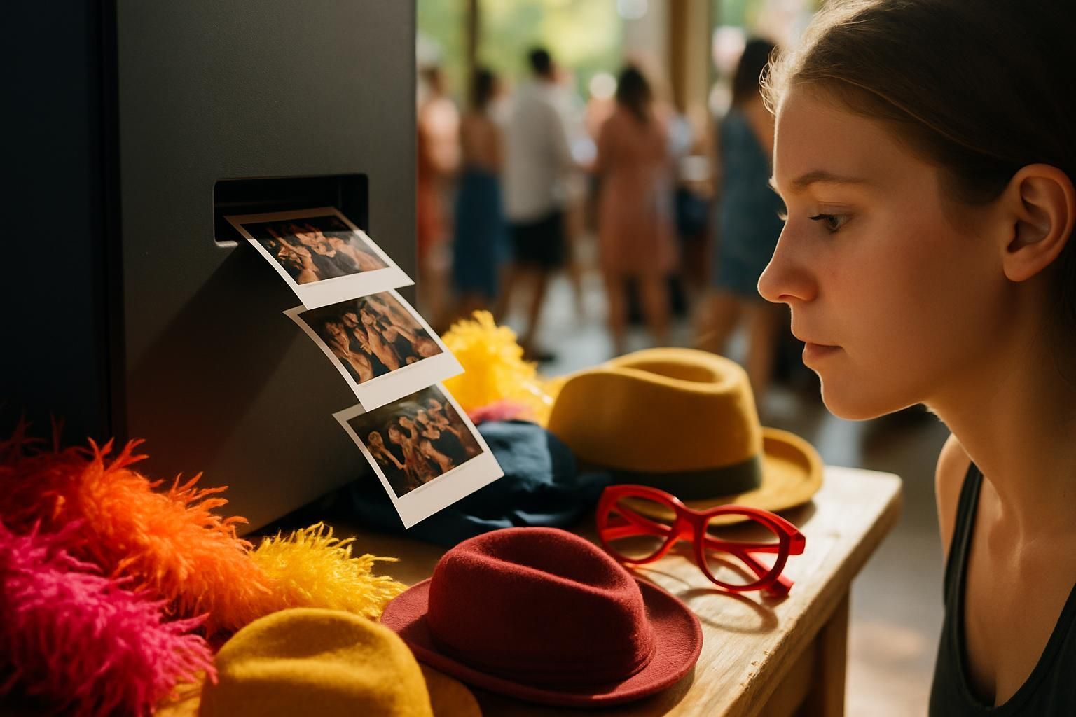 Woman looks at photo booth prints with props on a table.