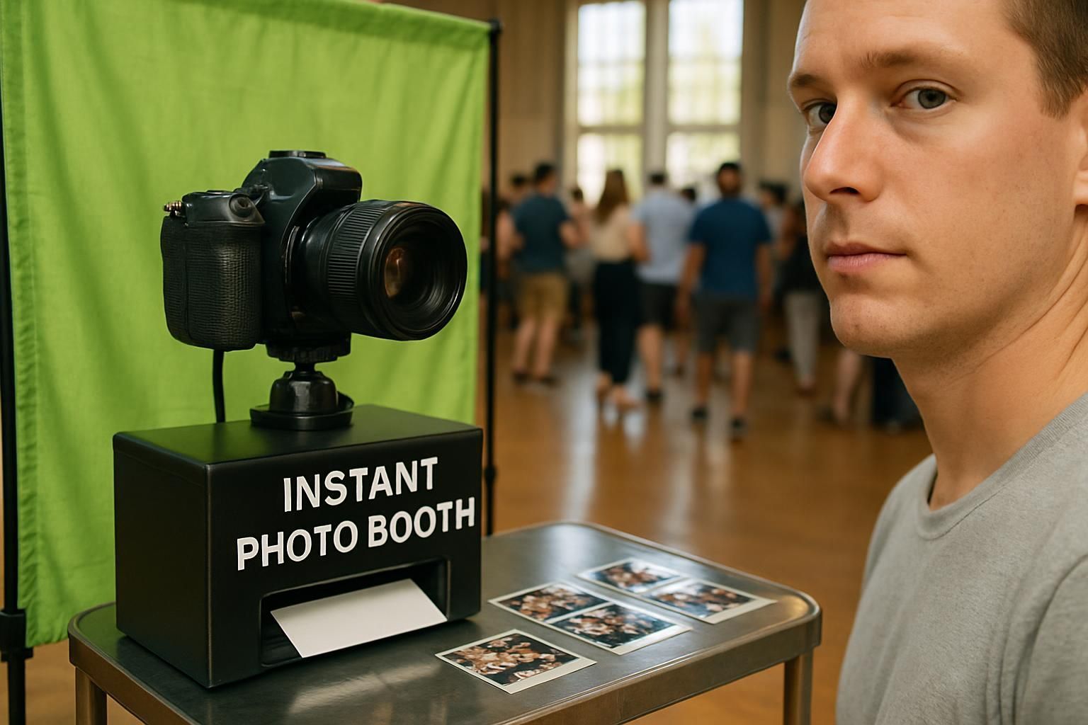 A man poses by an instant photo booth with a DSLR camera and printed photos. Green backdrop, people in background.