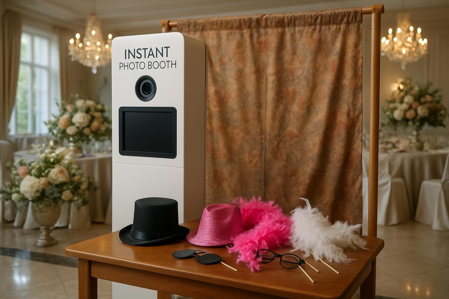 Photo booth with props, set up at a wedding reception.