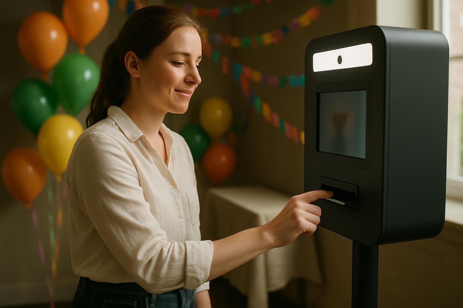 Woman using photo booth at party, smiling; balloons and decorations in background.