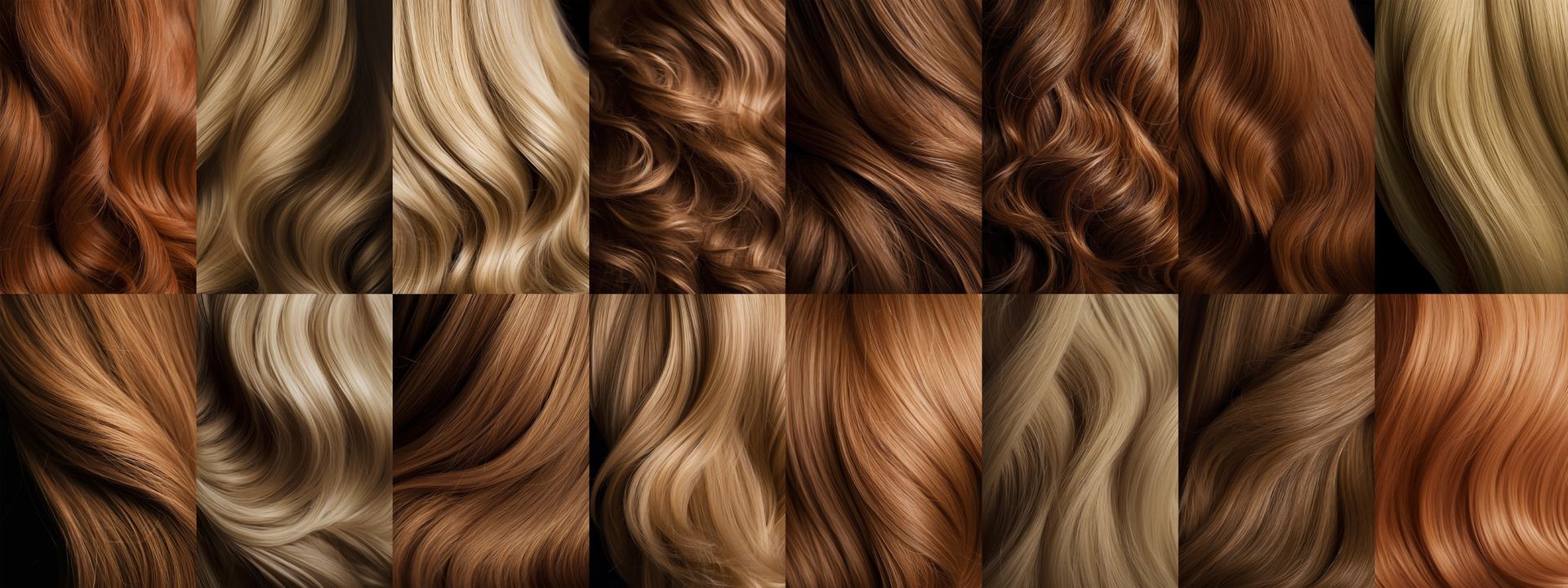 A collage of different shades of hair on a black background.