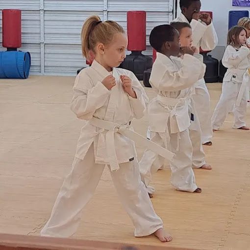 A group of young children are practicing karate in a gym.