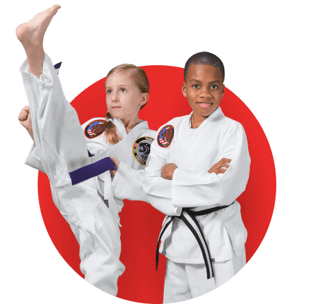 A boy and a girl are practicing martial arts in a red circle.