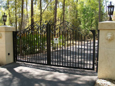 A wrought iron gate with a lion head on it