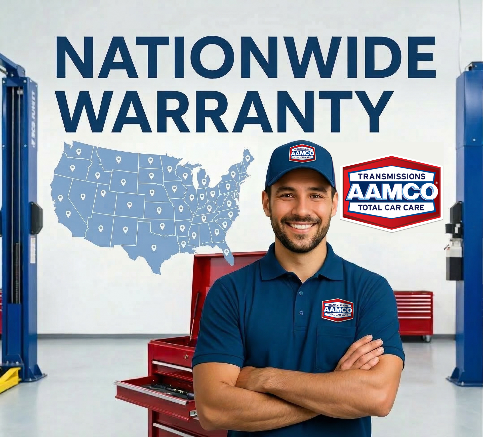 Smiling AAMCO mechanic in blue uniform, arms crossed, in a repair shop, with 