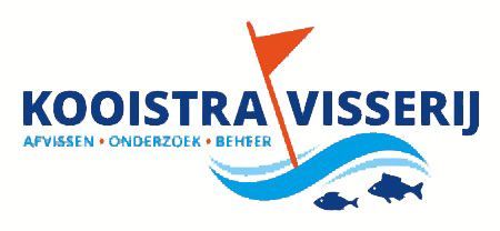 Logo for Kooistra Visserij: blue text with a boat flag and fish in blue waves.