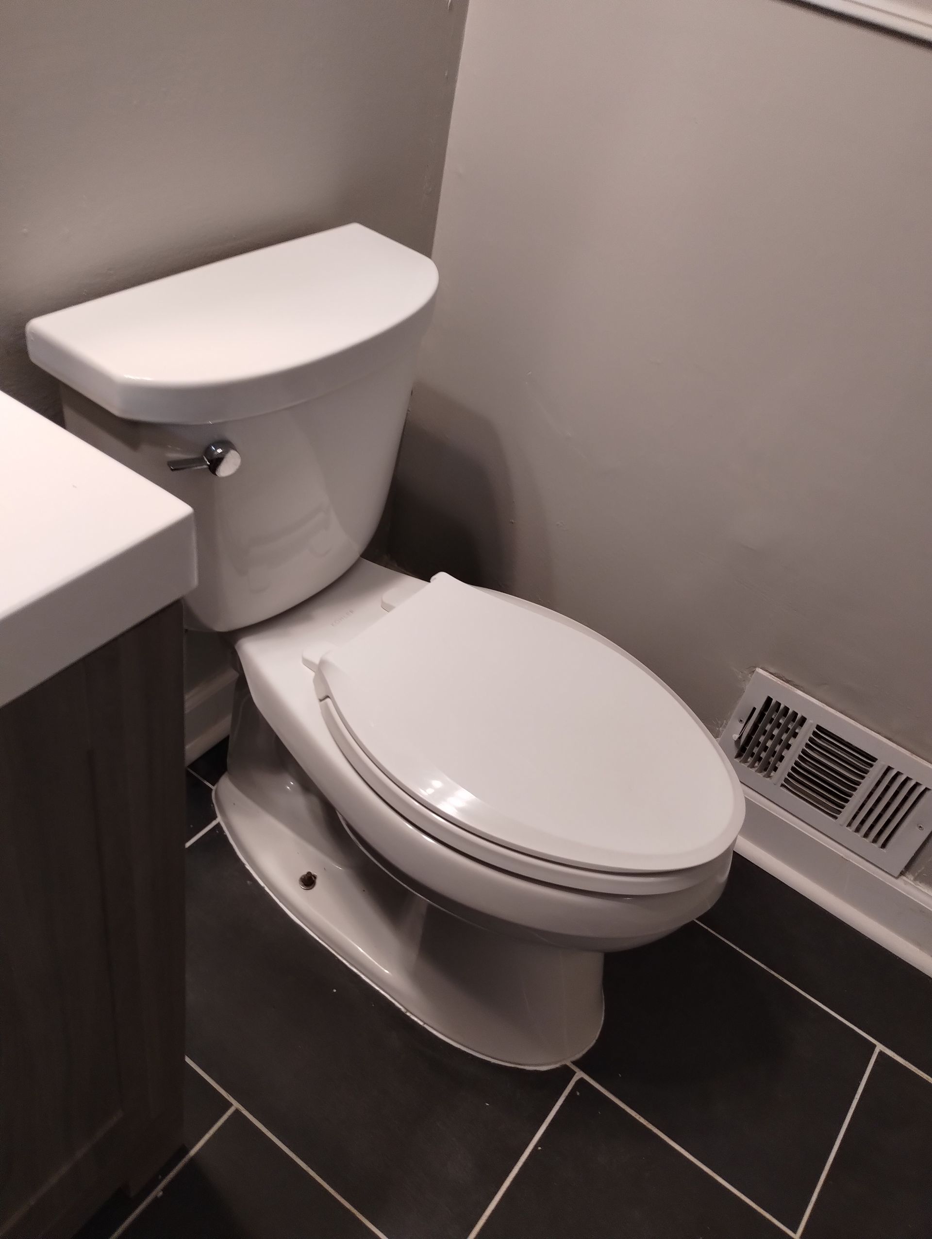 A toilet in a bathroom next to a sink