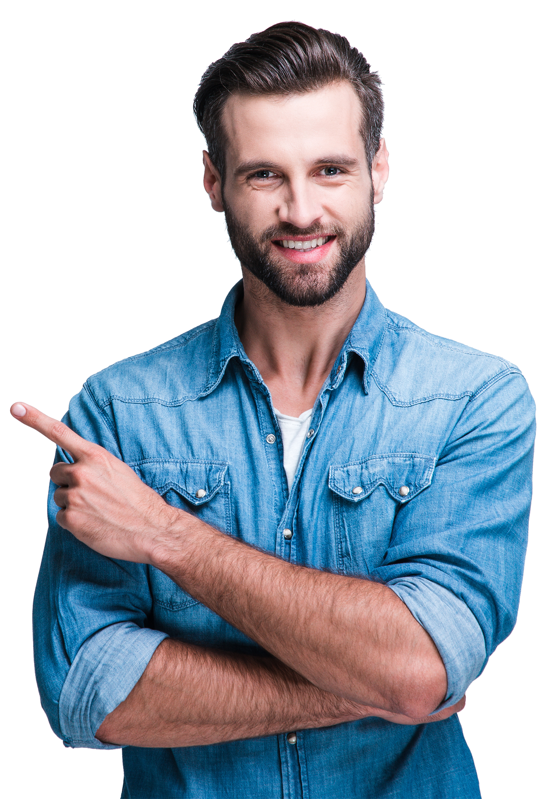 A man in a denim shirt is pointing to the side.