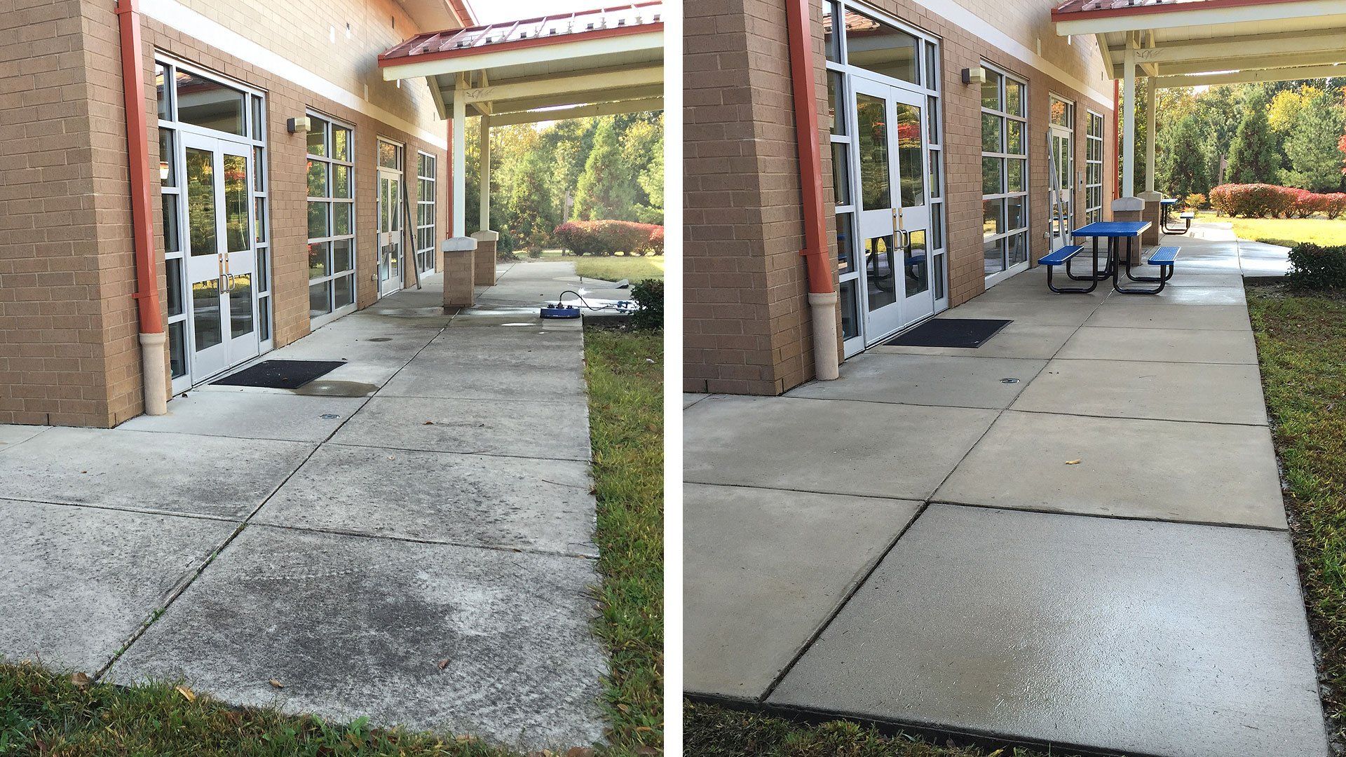 A before and after picture of a sidewalk in front of a building.