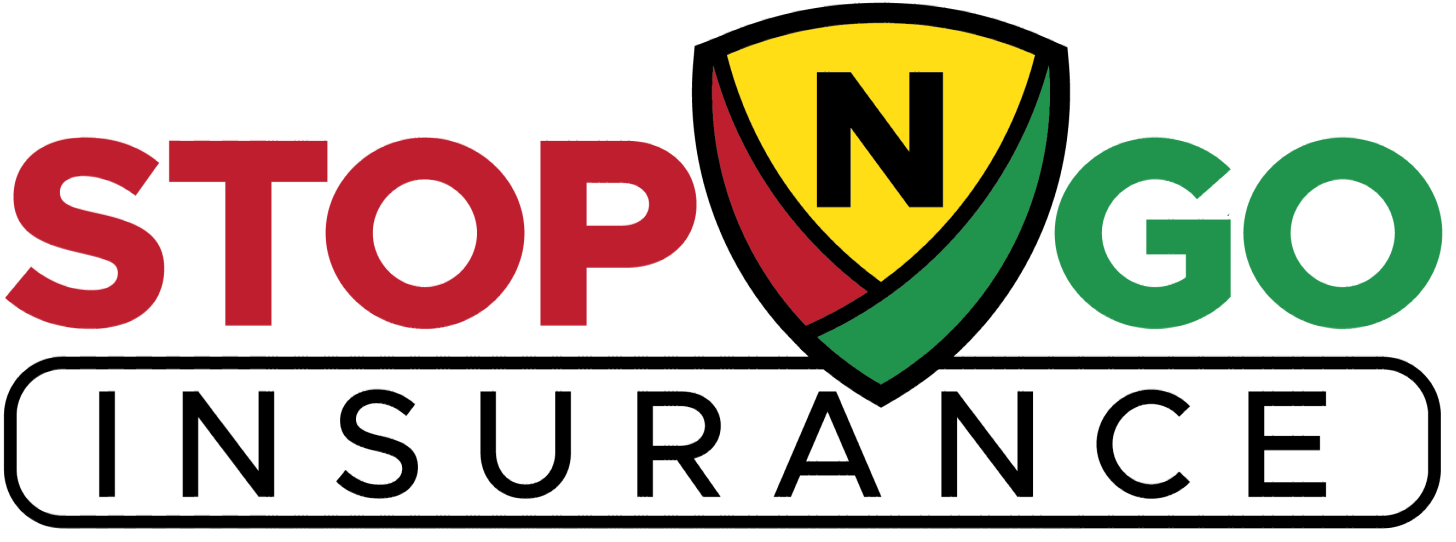 The logo for stop n go insurance has a shield on it.