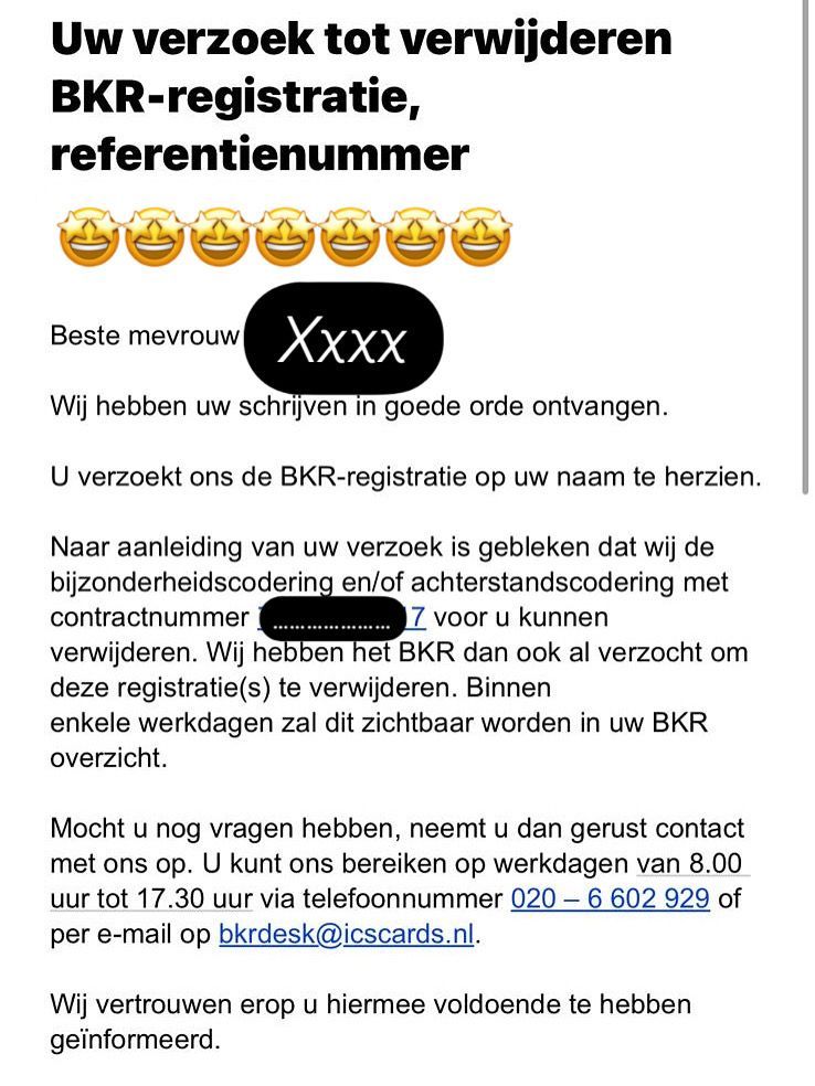 Brief met verzoek tot verwijdering van de BKR-registratie, met contactgegevens en bevestiging van het proces.