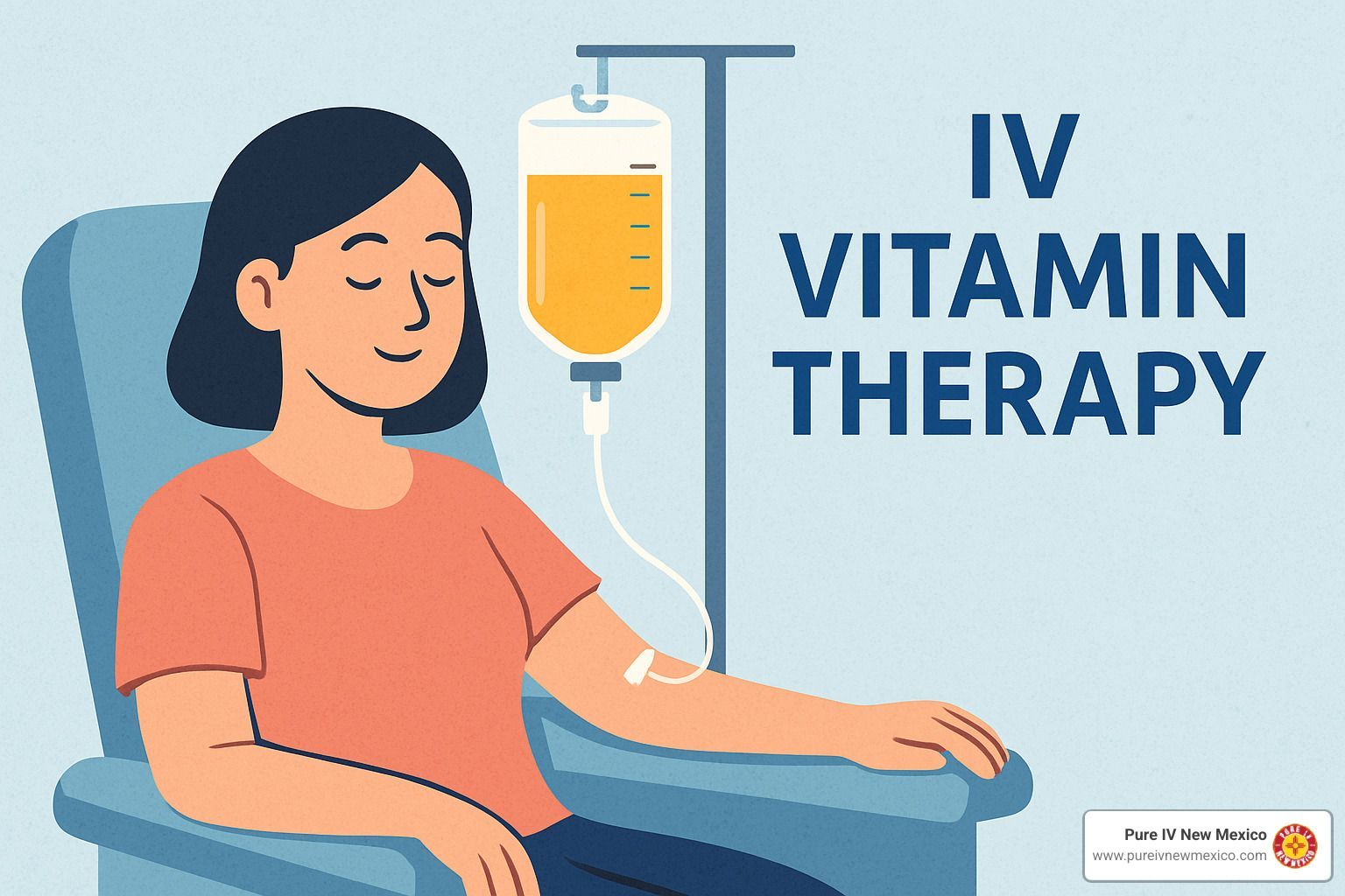 Woman receiving IV vitamin therapy, sitting in a chair with a calm expression. Orange IV bag is hanging.