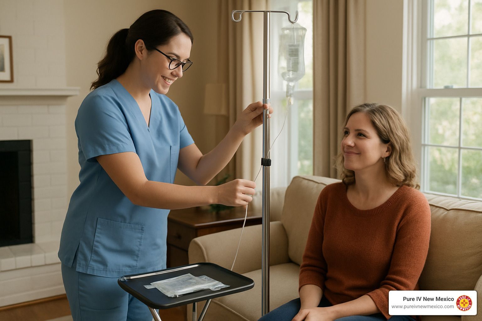 Nurse adjusting IV drip for a woman on a couch in a home setting. Both are smiling.