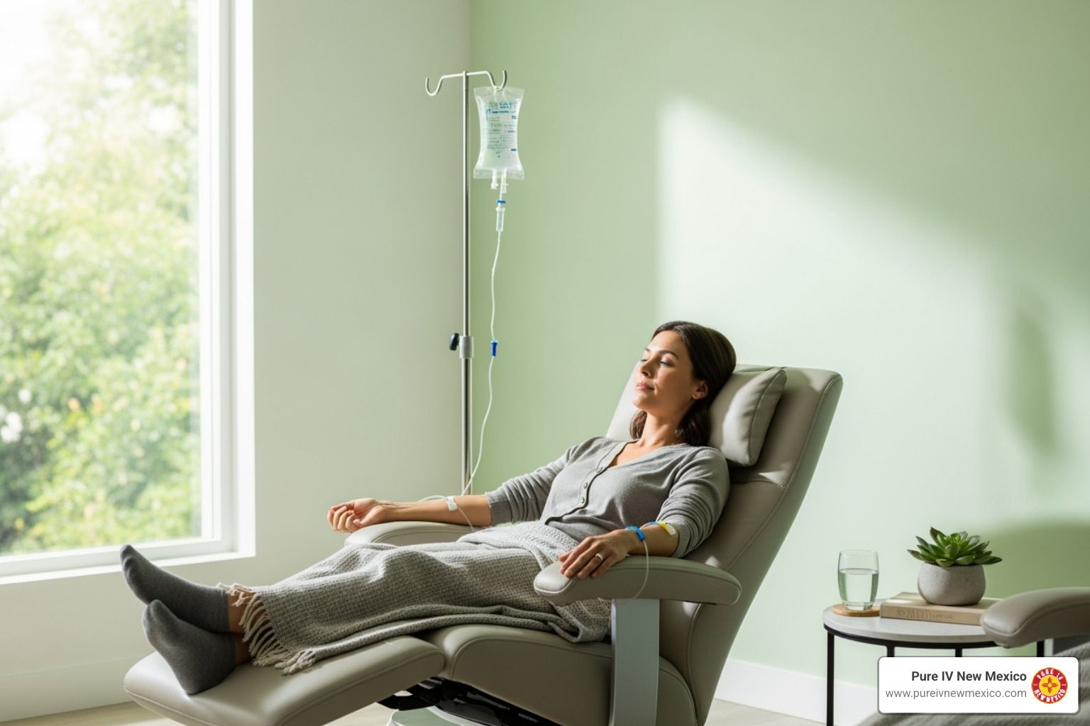 Woman reclining in chair receiving IV treatment near a window in a light green room.