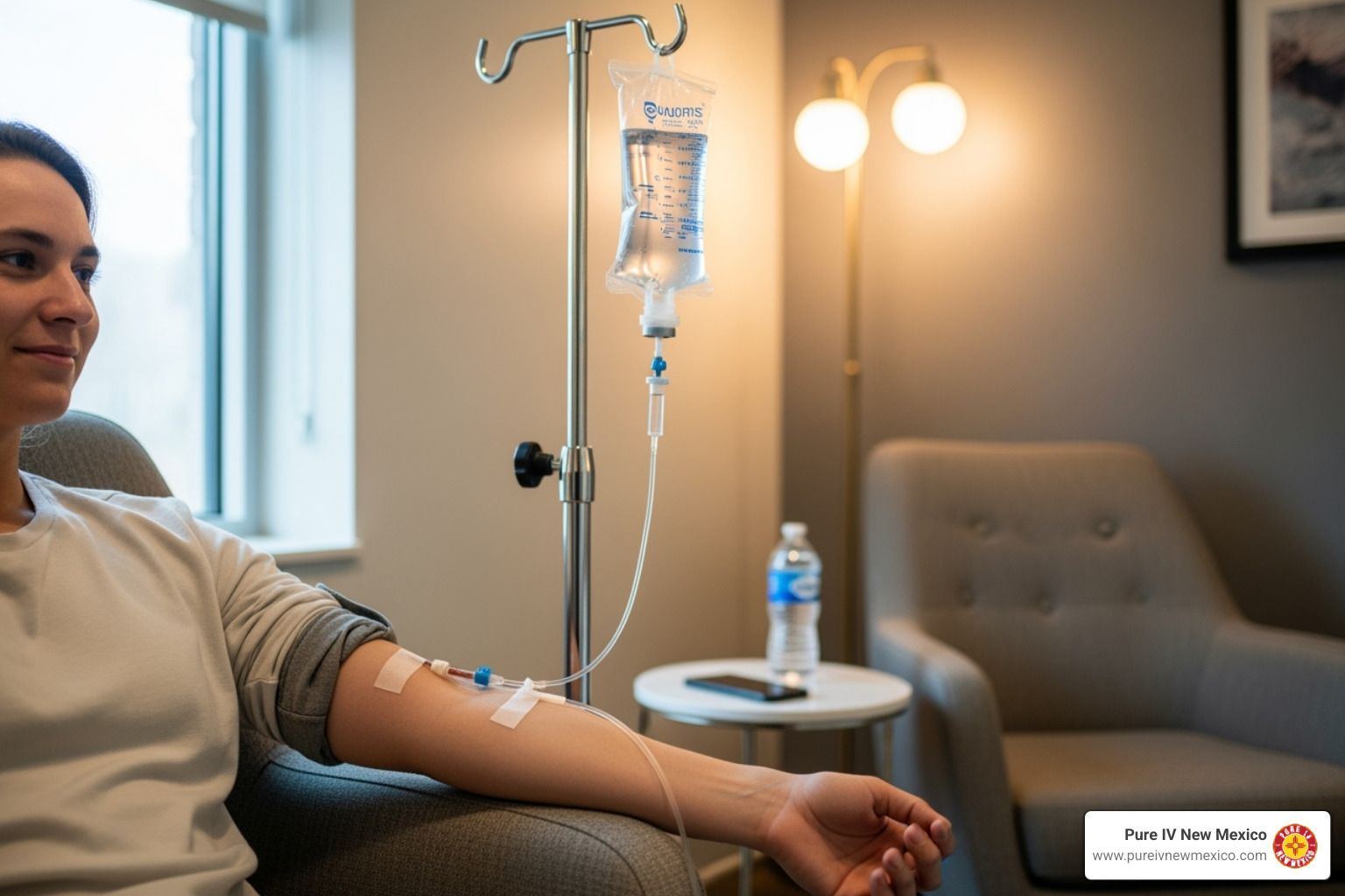 Woman receiving IV therapy, sitting in a comfortable chair, near a window.  Warm lighting.