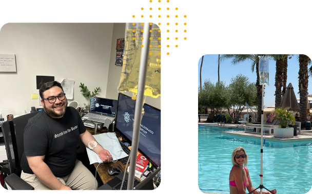 A man is sitting at a desk and a woman is sitting in a pool doing iv therapy