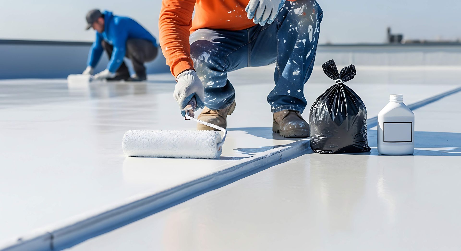 Roofing contractors applying white protective coating on a commercial building roof. Roofing contractors applying white protective coating on a commercial building roof.
