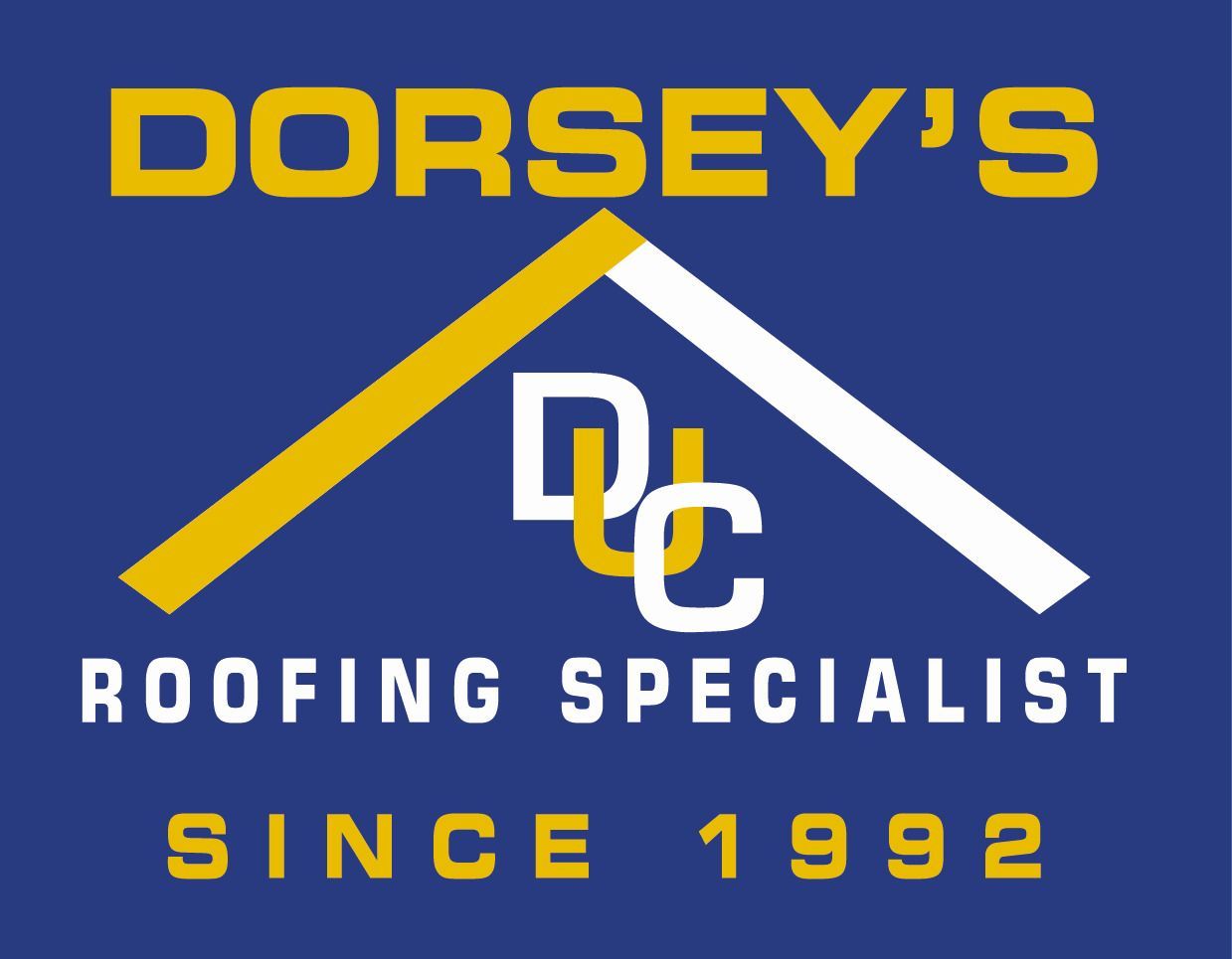 Dorsey's Unlimited Construction Logo for DUC Roofing Specialist: Yellow and gray roof shape over black