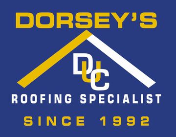 Logo for DUC Roofing Specialist: Yellow and gray roof shape over black 