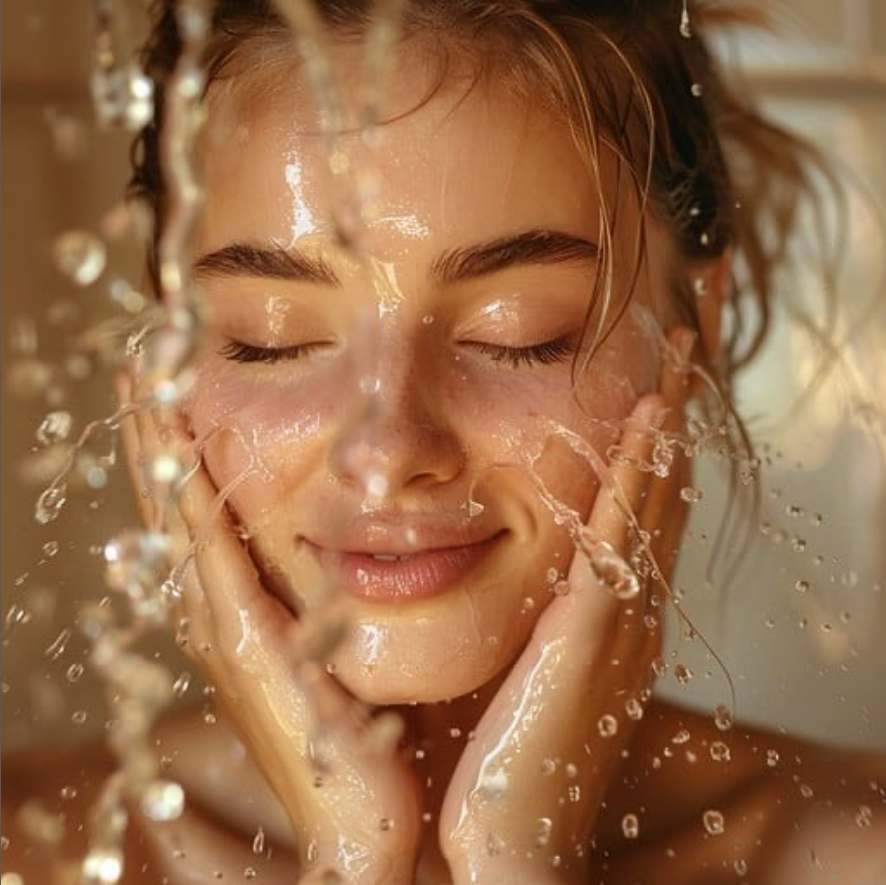 Woman with closed eyes has water splashing on her face; smiling with hands cupping cheeks.