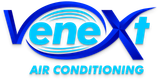 A blue and white logo for venex air conditioning