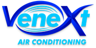 A blue and white logo for venex air conditioning