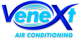 A blue and white logo for venex air conditioning