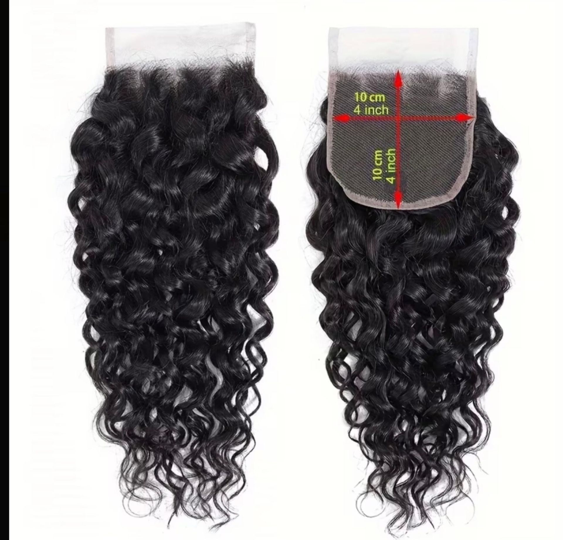 Dos cierres de encaje para cabello rizado negro, mostrados desde el frente y la parte posterior, con dimensiones de 4 por 4 pulgadas.