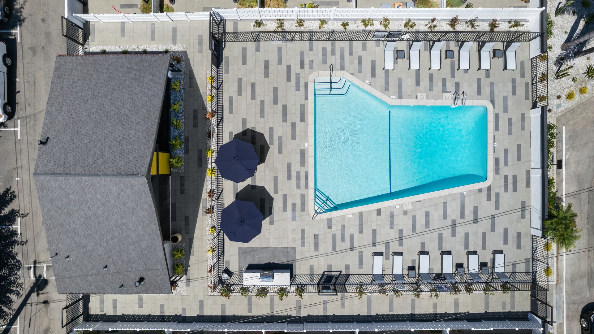 Overhead view of pool and lounge chairs