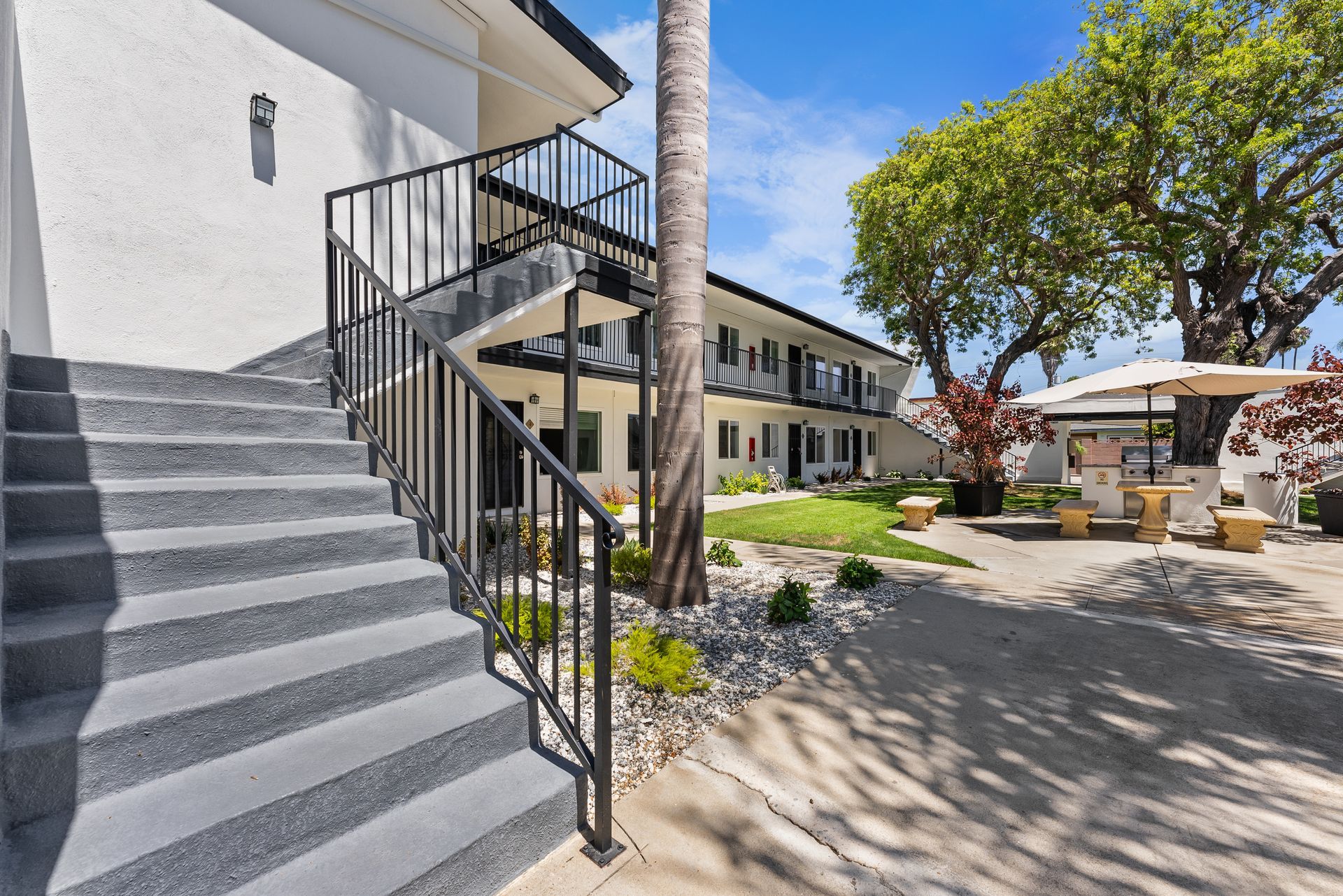 Staircase to upper floor and courtyard