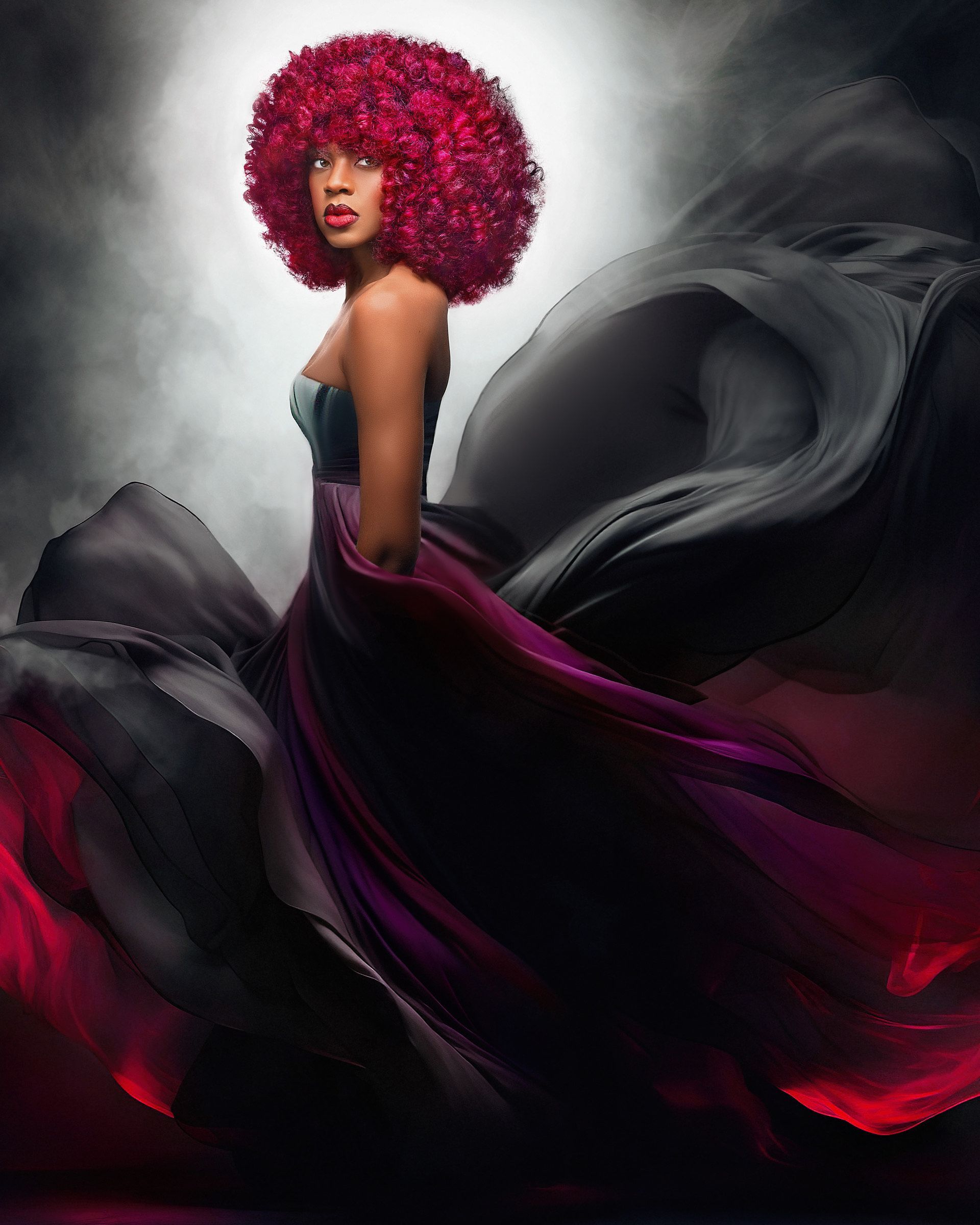 A woman with red hair is wearing a black and purple dress