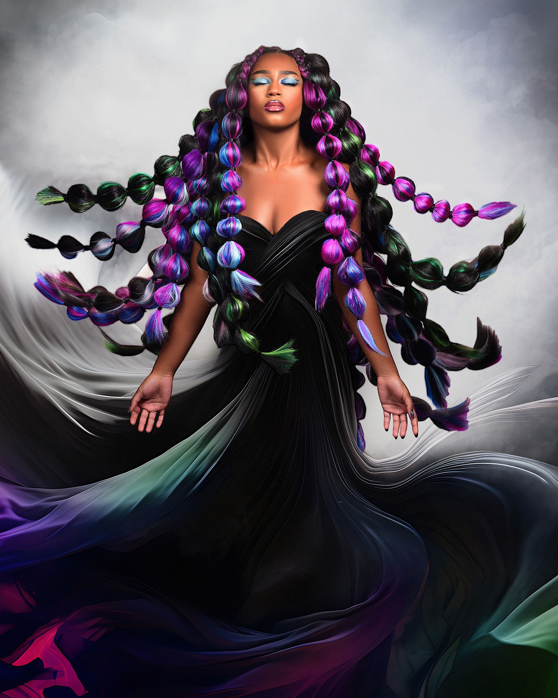 A woman in a black dress with purple and green hair