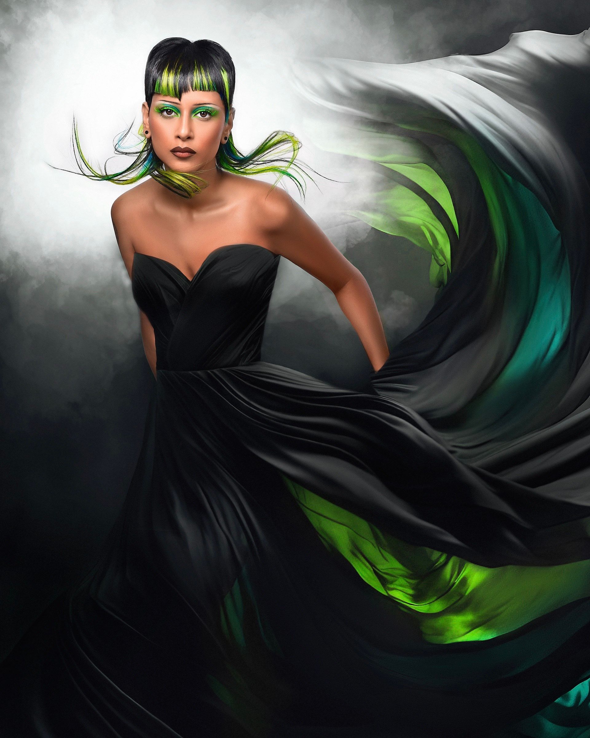 A woman in a black dress with green hair