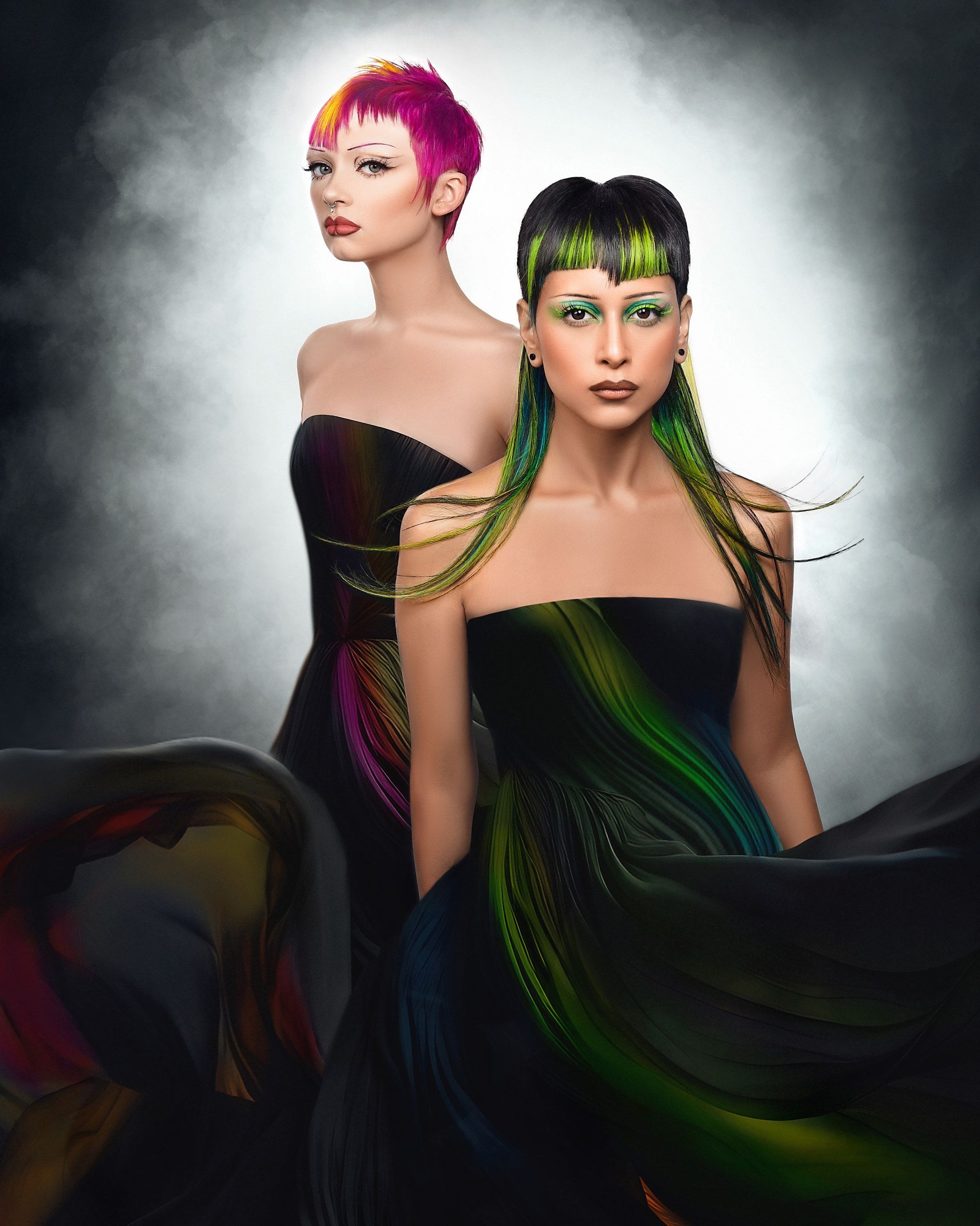 Two women are standing next to each other with their hair painted different colors