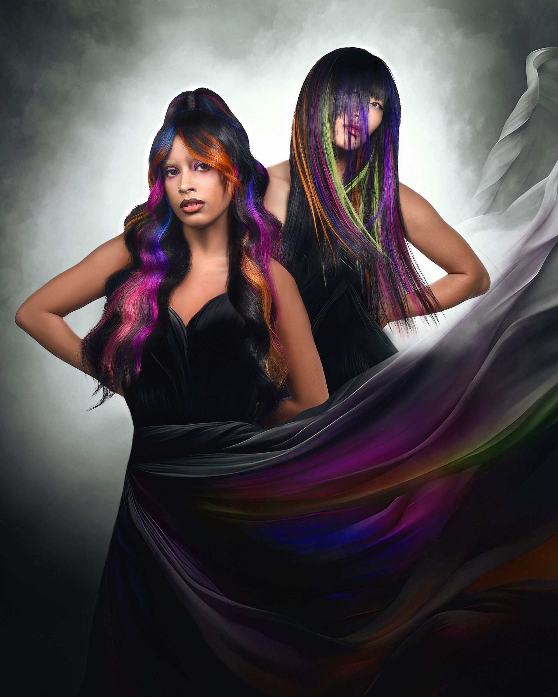 Two women with colorful hair are standing next to each other