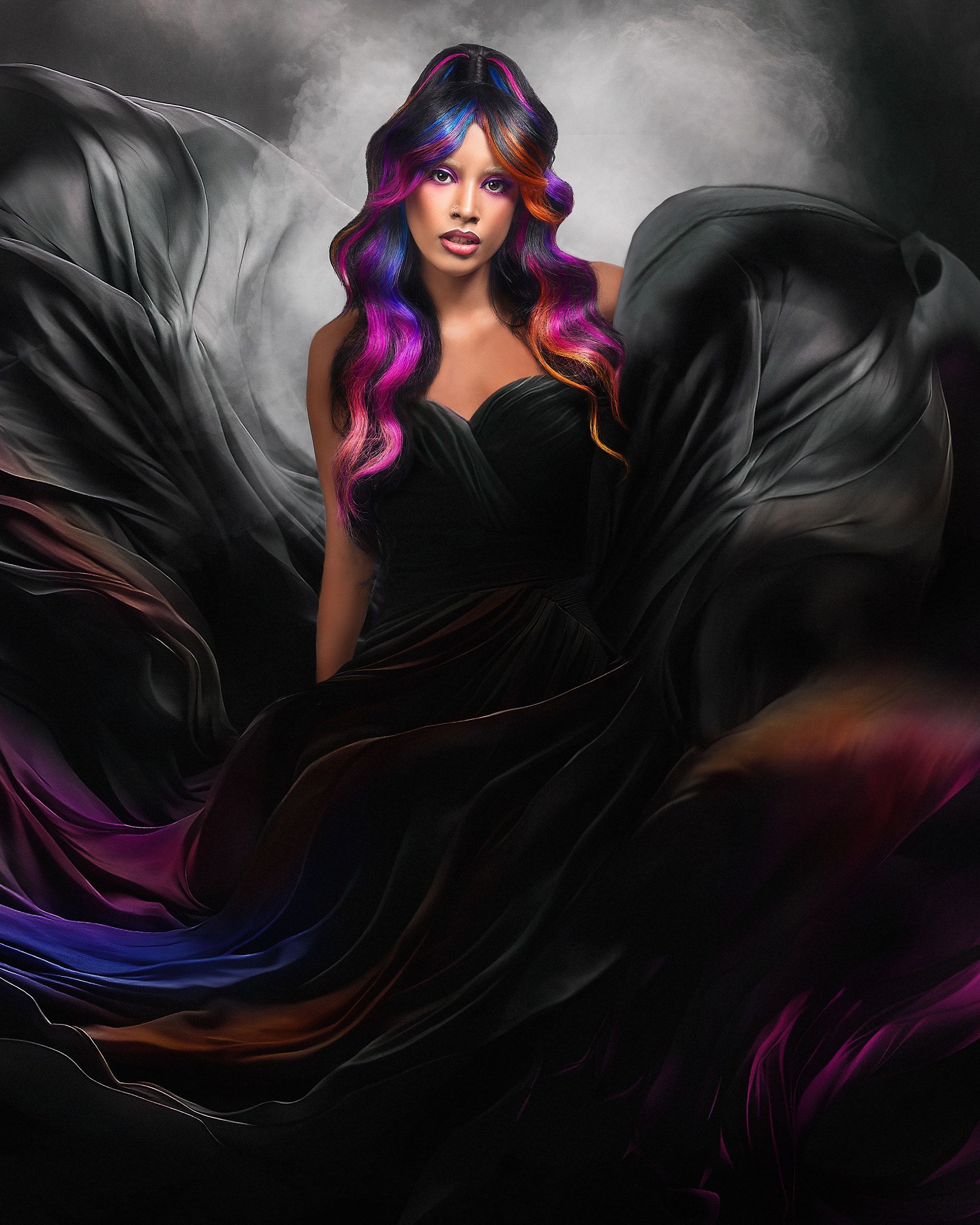 A woman with colorful hair is wearing a black dress