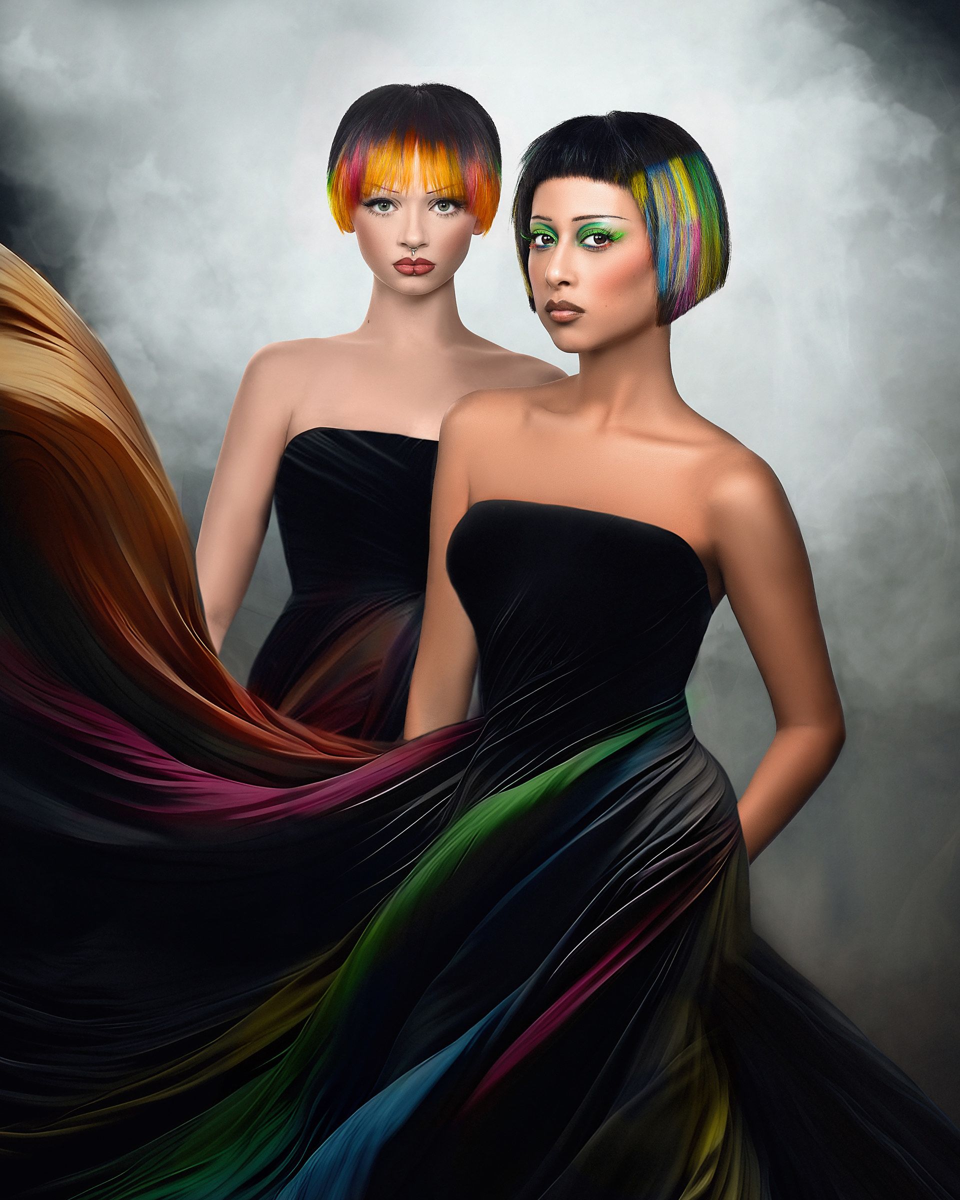 Two women standing next to each other with their hair blowing in the wind